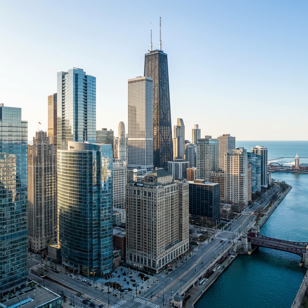 Streeterville Chicago skyline with high-rise buildings and Lake Michigan waterfront